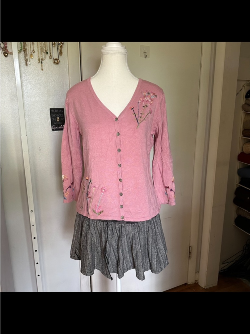 Pink floral cardigan with embroidered flowers and button-up front